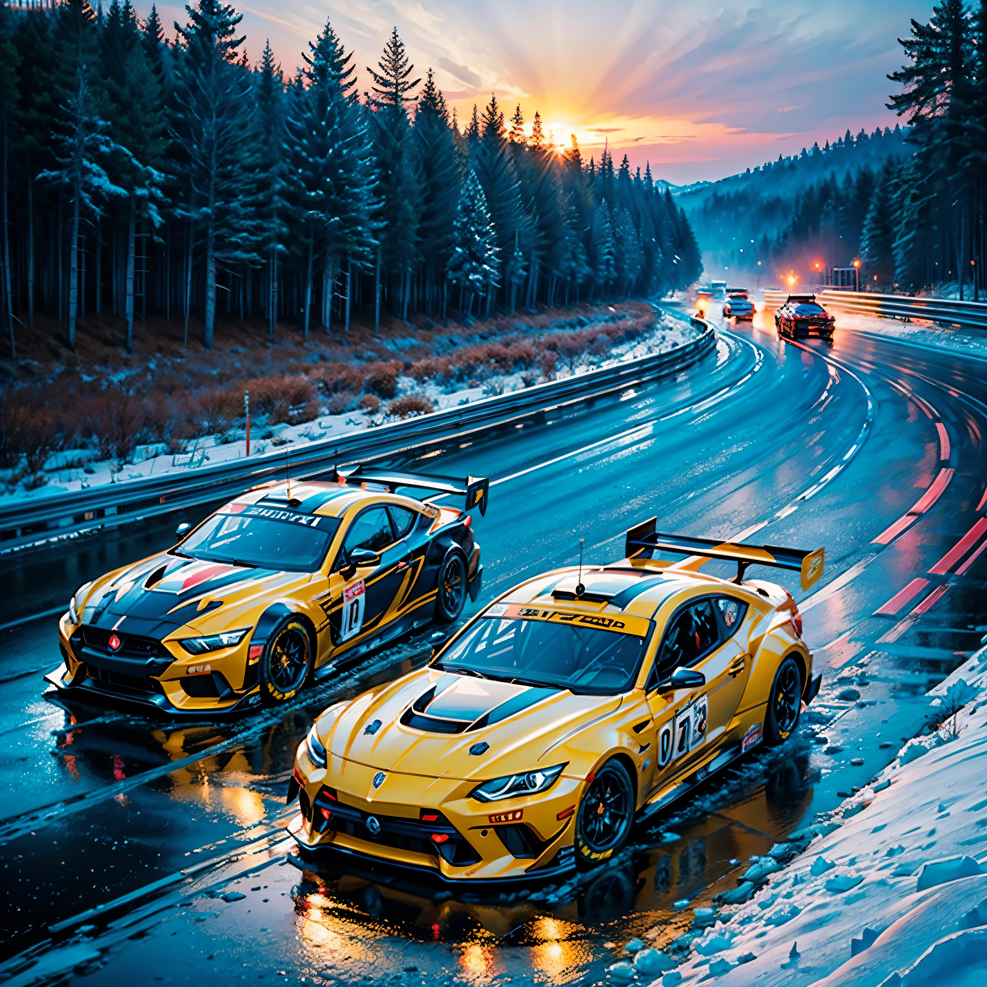 Two yellow cars driving on a snowy road with trees in the background ...