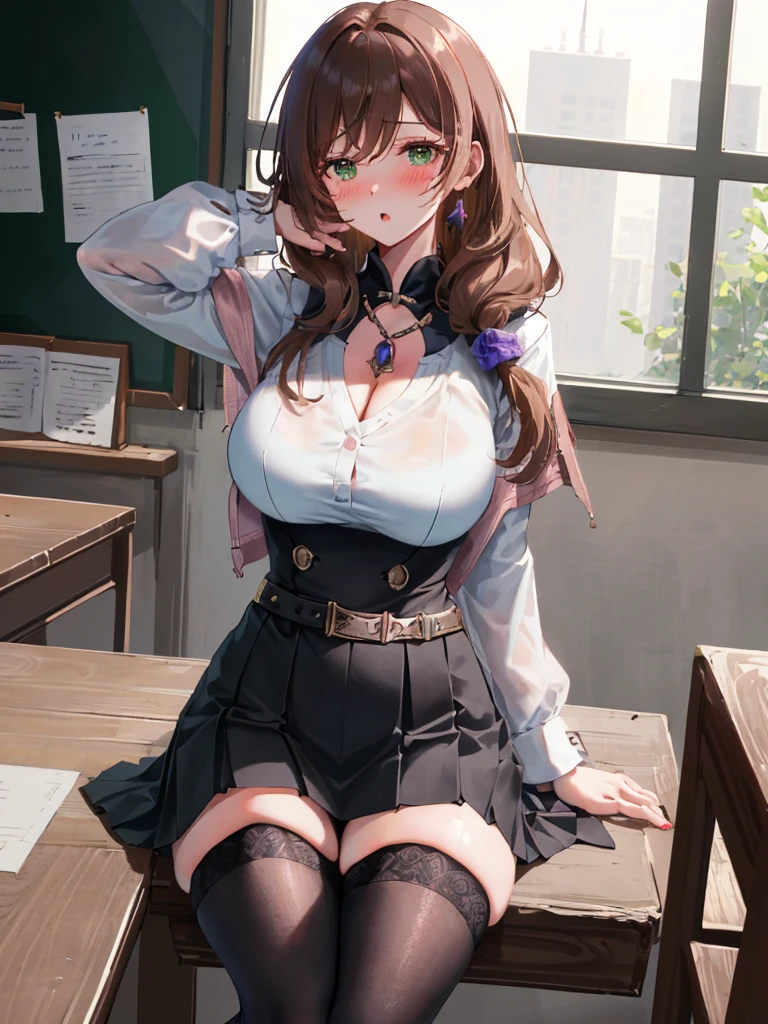 ((blush:1.2)), Lisa, genshin impact, 1 girl, alone, ((white shirt)), black Thighhighs, huge breasts, big breasts, cleavage, uniform, office background, Very short black pleated skirt, office, hair between eyes, messy hair, long hair, brown hair, red short nails, green eyes, alone, Thighhighs, thighs, very long hair, ((masterpiece)), classroom, machine, Chair, board, class board, Teaching, open your mouth a little, I can see through my clothes, Curvaceous, put your hands behind your head, cowboy shot, Defenseless position,