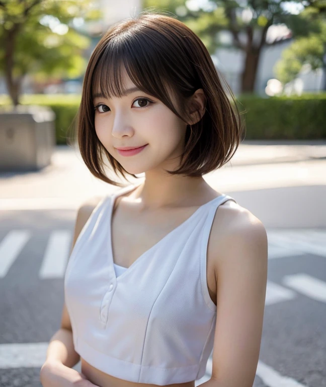 Japan Solo Women、cheerleader、cheerleaderのコスチューム、Kami-Shiraishi Moe Song、(master piece、realistic、Raw photo、8k)、Full smile、emphasize the chest、Companion's perspective、naughty pose、wavy short bob cut、detailed face、realistic skin、whole body、Full support