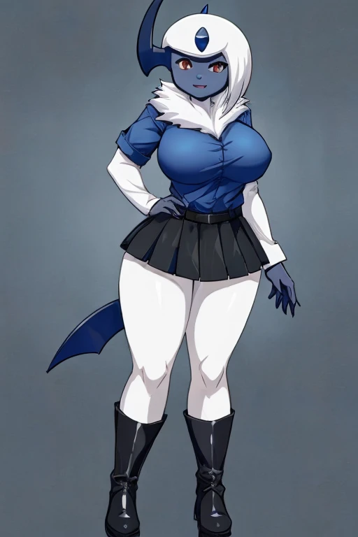 ((Absol)), anthropomorphic, big boobs, big ass, pokemorph, (((1girl))), (((dark blue shirt))), (black skirt), (white jacket), (black heeled boots), cute and sexy, slender, white skin, long legs, smiling