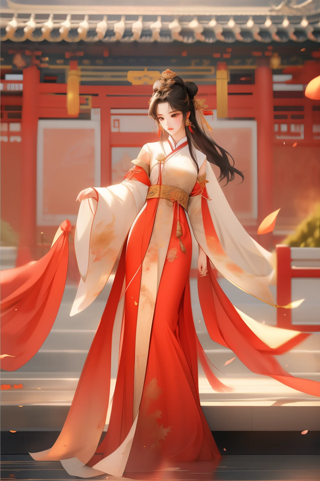 身着红色和金色Hanfu的亚洲女性, station在桃花树下，Hanfu，hanfu, Chinese style, palace ，穿Hanfu的女孩,, Beautiful rendering of the Tang Dynasty, Chinese beautiful woman, wearing chinese clothes, 复杂华丽的Long silk dress，4k highly detailed digital art, Ethereal stills，hanfu, Queen of China, jingna zhang, palace ， station，Chinese Mythology Art，Mountain and sea sutra style，Ink painting blooming，watercolor illustration，Western style woman，beautiful facial features，长长的black hair，Long silk dress，double bun hair，Gilt jewelry decoration，black hair，hair accessories，Super gorgeous details，Warm color aesthetic light source，Burnt blue jade beads，Clouds，ribbon，ribbon，vermilion courtyard wall，Golden glazed tiles，Xuan Chuang，Light painting rendering，blurry and mottled，HD，16k，best quality