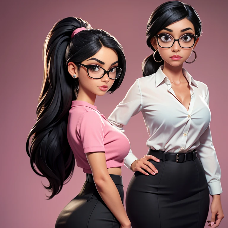 Mother and daughter, the mother is a woman in a formal office outfit wearing glasses, she is latin, with tan skin huge boobs, slim, tiny waist, and round ass, she has medium black hair, big eyes, and full lips. The daughter is wearing a cheerleader uniform, she is also latin with tan skin, medium boobs, slim and a bubble butt , she has long black hair in a ponytail, big eyes and full lips.