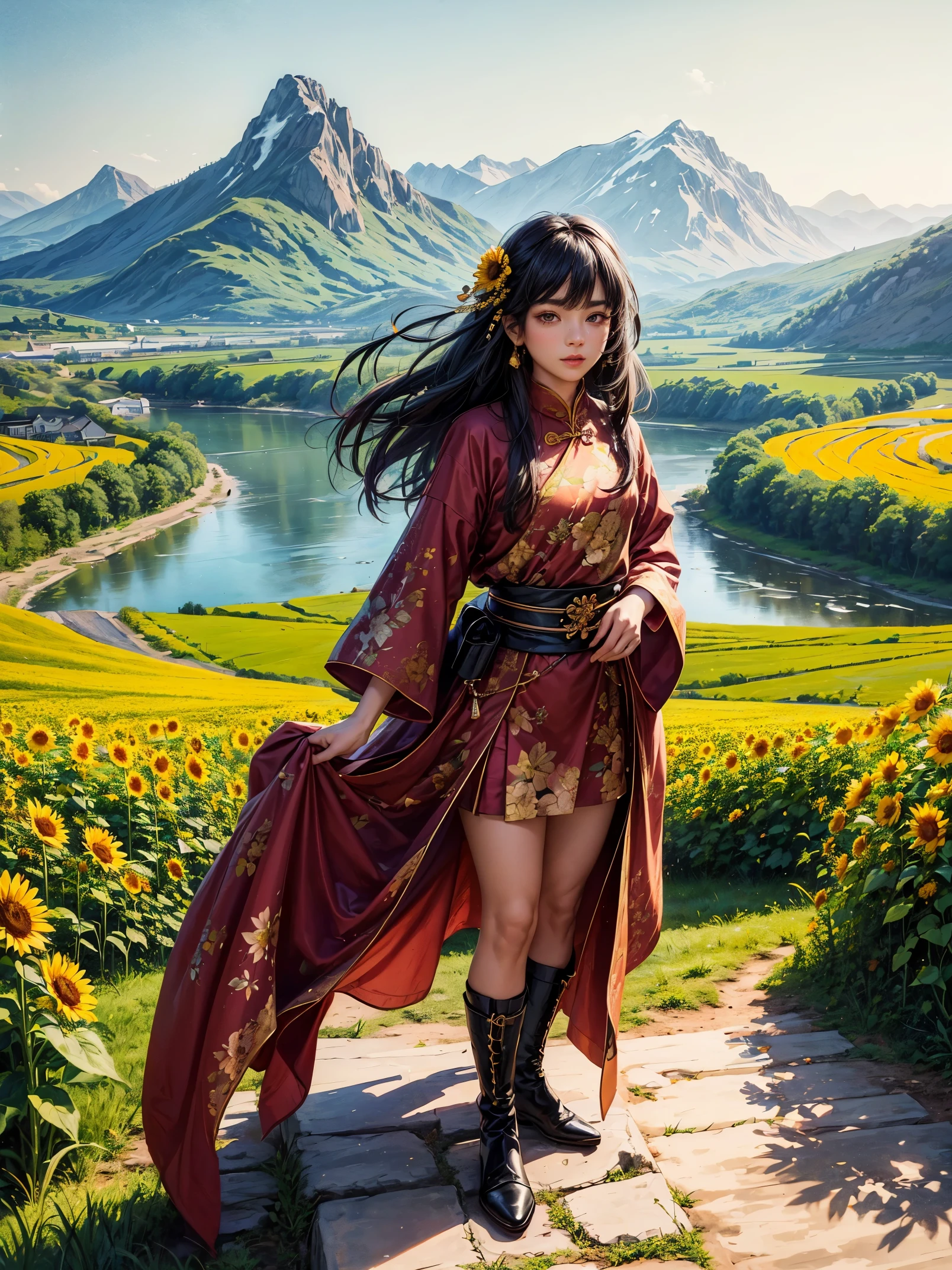 A beauty、sweet、Kind chinese village girl watercolor painting，Long black hair and warm brown skin，Wearing a simple red dress，Very nice eyes and face，big watery eyes，long eyelashes，Beautiful teeth，Long legs，Perfect slender figure，Standing in a sunflower field at sunset，golden soft light，Beautiful village in the background，A river，A small bridge，mountains in the distance，（best picture quality，8k，high resolution，masterpiece：1.2），Super detailed，ultra high definition，Studio lighting，Super fine，Extremely detailed description，major，bright colors，Dutch Golden Age，pastel colors，Sunset lights，(floral watercolor painting:1.5)，(Super high saturation, bright and vivid colors:1.5), (nsfw), (Look at the audience head-on:1.5)