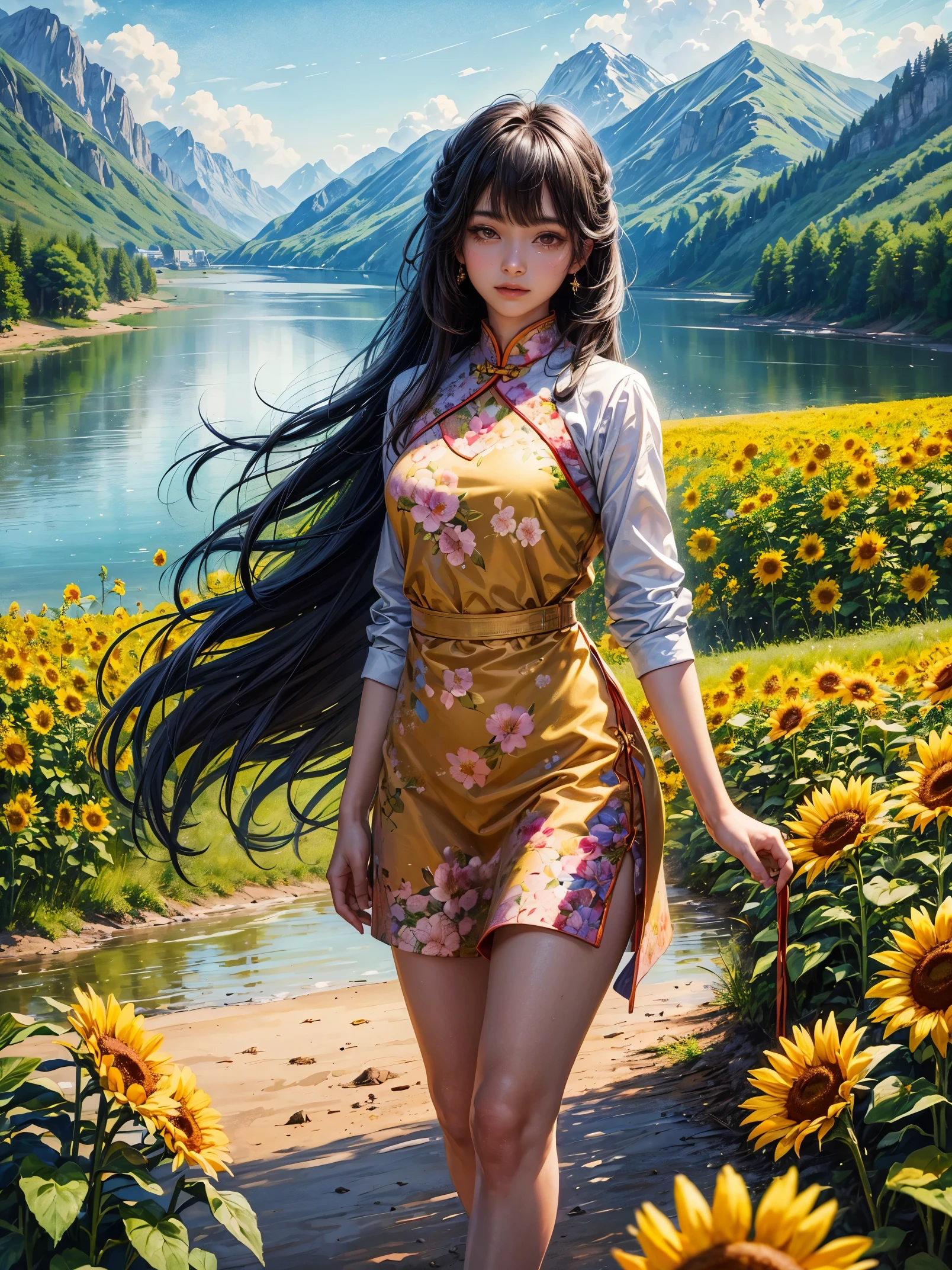 A beauty、sweet、Kind chinese village girl watercolor painting，Long black hair and warm brown skin，Wearing a simple red dress，Very nice eyes and face，big watery eyes，long eyelashes，Beautiful teeth，Long legs，Perfect slender figure，Standing in a sunflower field at sunset，golden soft light，Beautiful village in the background，A river，A small bridge，mountains in the distance，（best picture quality，8k，high resolution，masterpiece：1.2），Super detailed，ultra high definition，Studio lighting，Super fine，Extremely detailed description，major，bright colors，Dutch Golden Age，pastel colors，Sunset lights，(floral watercolor painting:1.5)，(Super high saturation, bright and vivid colors:1.5), (nsfw), (Look at the audience head-on:1.5)