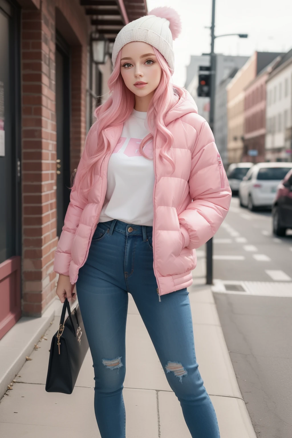 (Top Quality, 8k), Long Pink Hair Beautiful Girl, Tight Pink Jeans, Pink Winter Hat, Pink Winter Jacket, Pink Sport Shoes
A stunningly beautiful girl with long pink hair is captured in an 8k high definition image. She is wearing tight pink jeans that hug her figure perfectly, paired with a cozy pink winter hat and a pink winter jacket to keep her warm during the cold season. Completing her outfit are pink sport shoes that add a playful touch to her look. The image features ultra-fine details, making her pink hair appear incredibly realistic and her jeans look authentically tight. The pink winter hat, jacket, and shoes are also depicted with intricate detail