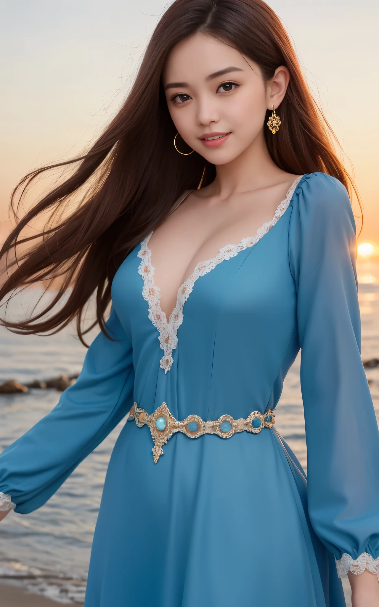 highest quality, figure, super detailed, finely, High resolution, 8k wallpaper, 完璧なダイナミックな構figure, beautiful skin, (Big eyes that shine like jewels), 20 year old beautiful girl, natural color lip, random sexy poses, Chest middle, smile, Highly detailed face and skin texture, Detailed eyes, Double eyelid,leaking teeth and laughing, close-up, Brown hair long hair, (Blue dress:1.2), sunset