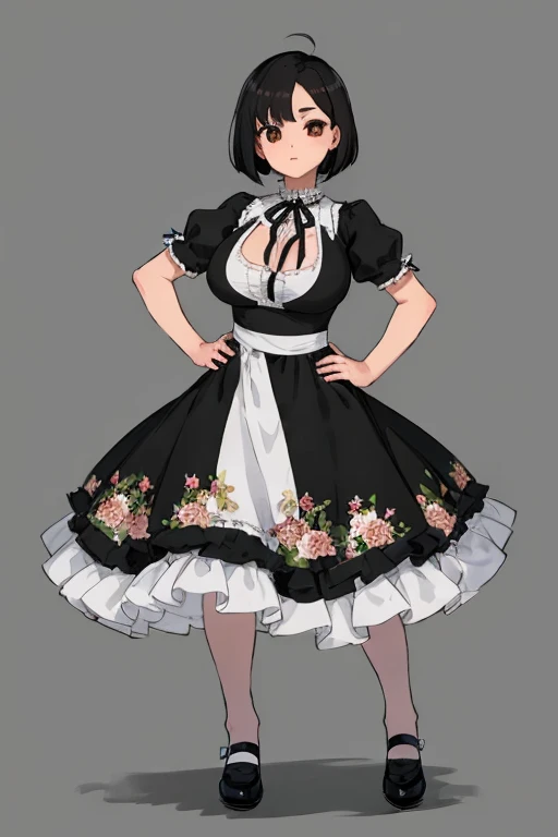1 girl, ((masterpiece, side light, beautiful eyes: 1.2), Super detailed, ultra high resolution, professional lighting, high quality make up, beautiful detailed eyes), (highest quality:0.8), perfect anime illustrinion, beautiful, flin color background, simple background, whole body , looking for_in_viewer, 一人in, (whole body:1.5), (black hair:1.3), dark brown eyes, (big breasts:1.2), 一人in,Wasachiri, Huasachina, sash, puffy dress, dress, Puffy short sleeves, pantyhose, black shoes, Floral, print dress, put your hands on your hips, handkerchief,tof, (asymmetrical bob cut:1.1),(low length:1.1),(Chubby:1.2),(おinこ:1.2),(boobs for days:1.2),(huge boobs:1.2),(short legs)