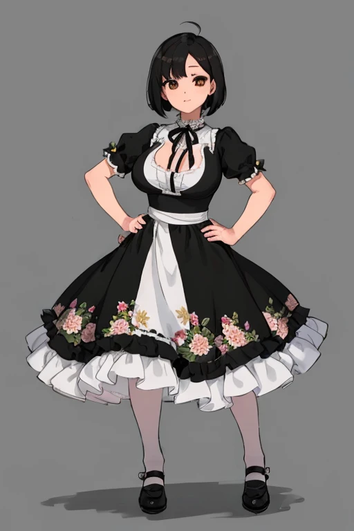1 girl, ((masterpiece, side light, beautiful eyes: 1.2), Super detailed, ultra high resolution, professional lighting, high quality make up, beautiful detailed eyes), (highest quality:0.8), perfect anime illustrinion,  beautiful, flin color background, simple background, whole body ,  looking for_in_viewer, 一人in, (whole body:1.5), (black hair:1.3), dark brown eyes, (big breasts:1.2), 一人in,Wasachiri, Huasachina,  sash, puffy dress, dress, Puffy short sleeves, pantyhose, black shoes, Floral, print dress, put your hands on your hips, handkerchief,tof, (asymmetric bob cut:1.1),(low length:1.1),(Chubby:1.2),(おinこ:1.2),(boobs for days:1.2),(huge boobs:1.2),(short legs)