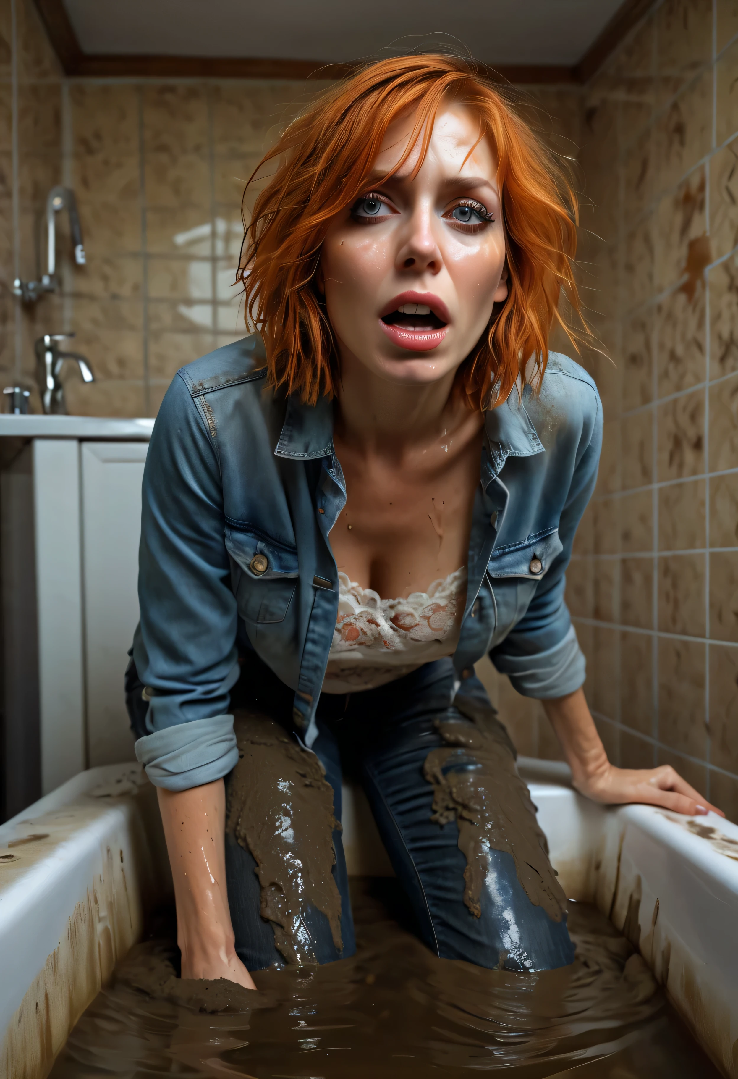 (best quality,4k,8k,highres,masterpiece:1.2),ultra-detailed,(realistic,photorealistic,photo-realistic:1.37),fading orange-haired woman 40 years in wet jeans and lace blouse drowns inside bath filled with mud,she smears mud on her ((detailed textured wet jeans)) when indulging in shameful fetish,bob haircut,detailed eyes and face,expression of despair,blouse,dark and moody lighting,shameful fetish atmosphere,desperation,bathroom,inside bath she feels dark ecstasy and shame, inside bath