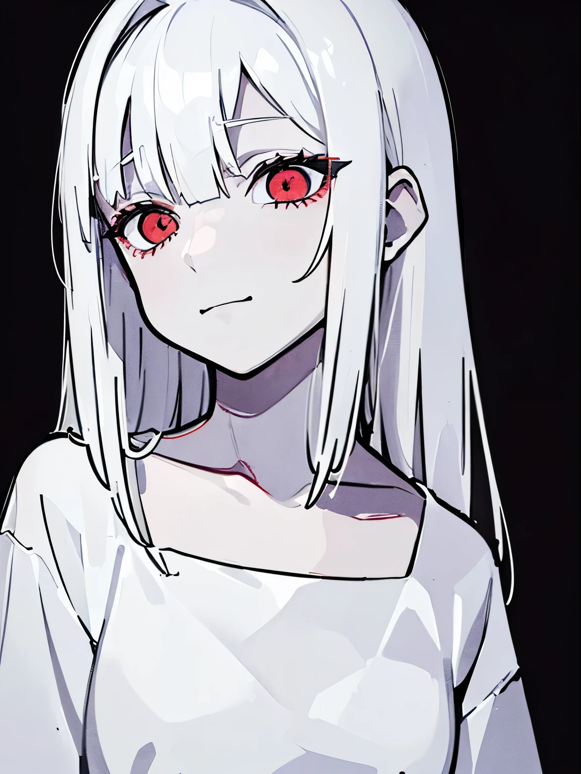 style of painting,(empty background),((Flat chest)),(Front Portrait), (Black and whature Women,((Microthorax)),(High cold),Hey, hey, smile,monochrome, blank stare, dead fish eyes, cool beauty,half lidded eyes, indifferent expression, black and white portrait, bored, impassive, loner,(Alone),Wispy bangs,Textured straight,Above the waist,((White Hair)),(Red Pupil),((White Dress)),Shirt,Wispy bangs