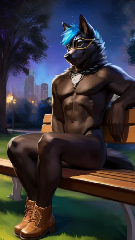 Solo, male, black wolf, short spike blue hair, wearing masquerade mask, naked, wearing a pink thong underwear, brown shoes, smile expression, tail raised, presenting his butt, legs spread, sitting on a bench, at a public park, night, by chunie , full-body view