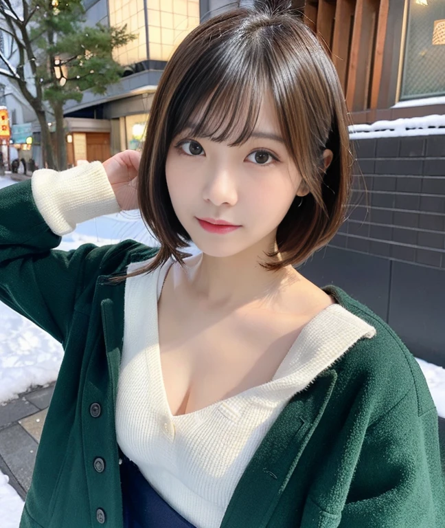 Japan Solo Women、Winter dating(master piece、realistic、Raw photo、8k)、naughty expression、emphasize the chest、Companion's perspective、naughty pose、wavy short bob cut、details face、realistic skin
