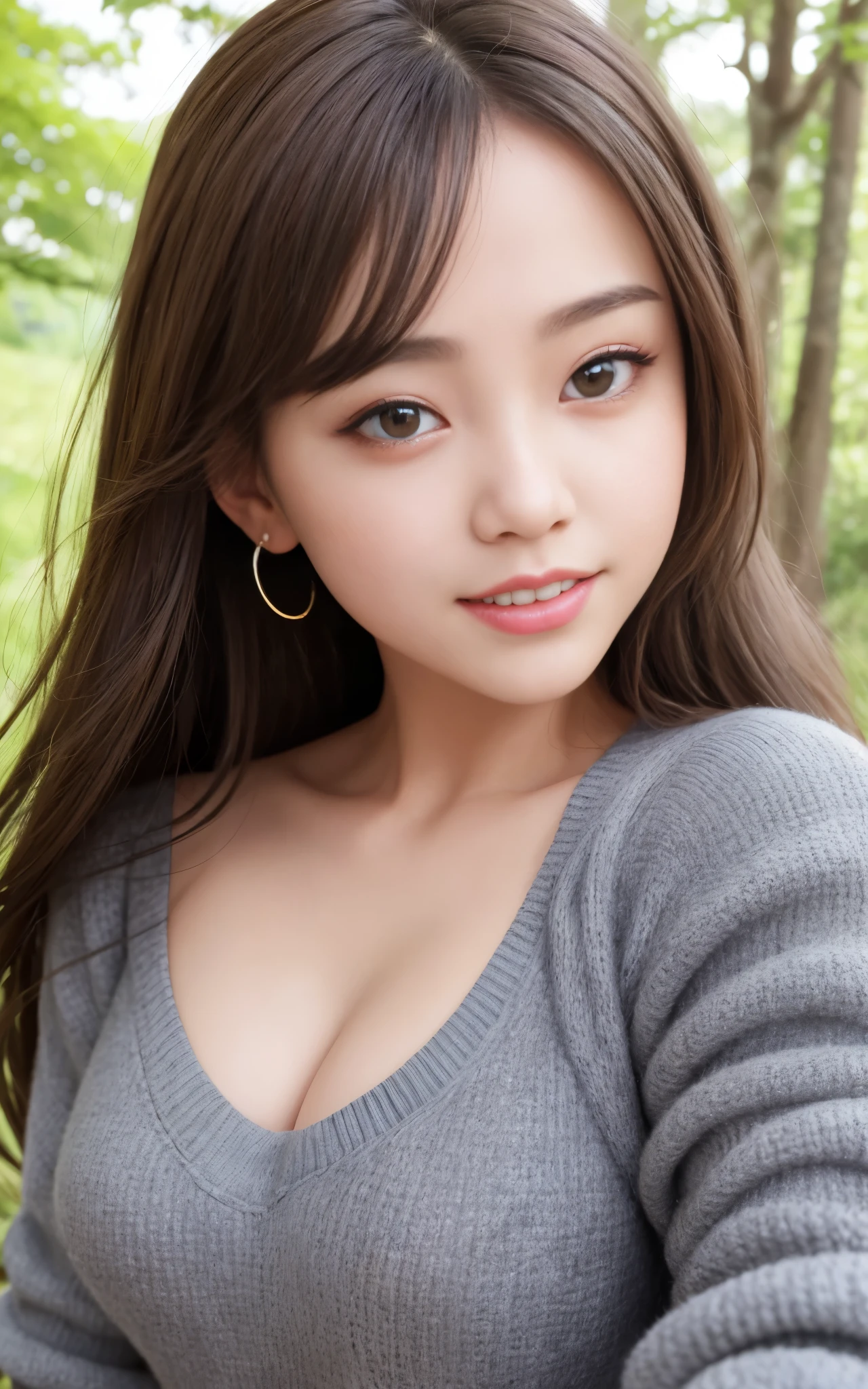 highest quality, figure, super detailed, finely, High resolution, 8k wallpaper, 完璧なダイナミックな構figure, beautiful skin, (Big eyes that shine like jewels), 20 year old beautiful girl, natural color lip, random sexy poses, Chest middle, smile, Highly detailed face and skin texture, Detailed eyes, Double eyelid,leaking teeth and laughing, close-up,   Brown hair long hair, (gray sweater:1.2), beautiful forest