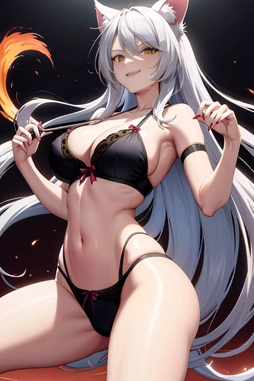 masterpiece, beautiful art, high resolution, best quality, 1 woman, solo, Black Hanekawa, long white hair, black bra, black panties, cat ears, cat tail, alluring body, attacking and scratching the viewer, smiling deviously, blood on her claws, action scene, showing no mercy against the viewer, combat scene