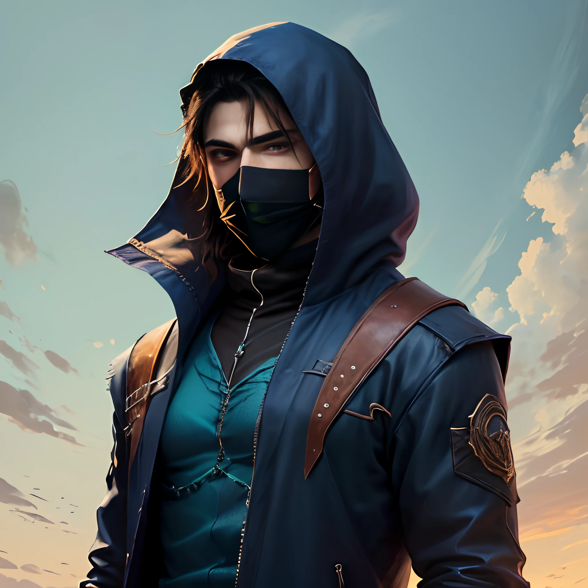 Um personagem masculino dark,de capuz azul,With a mask covering your mouth,