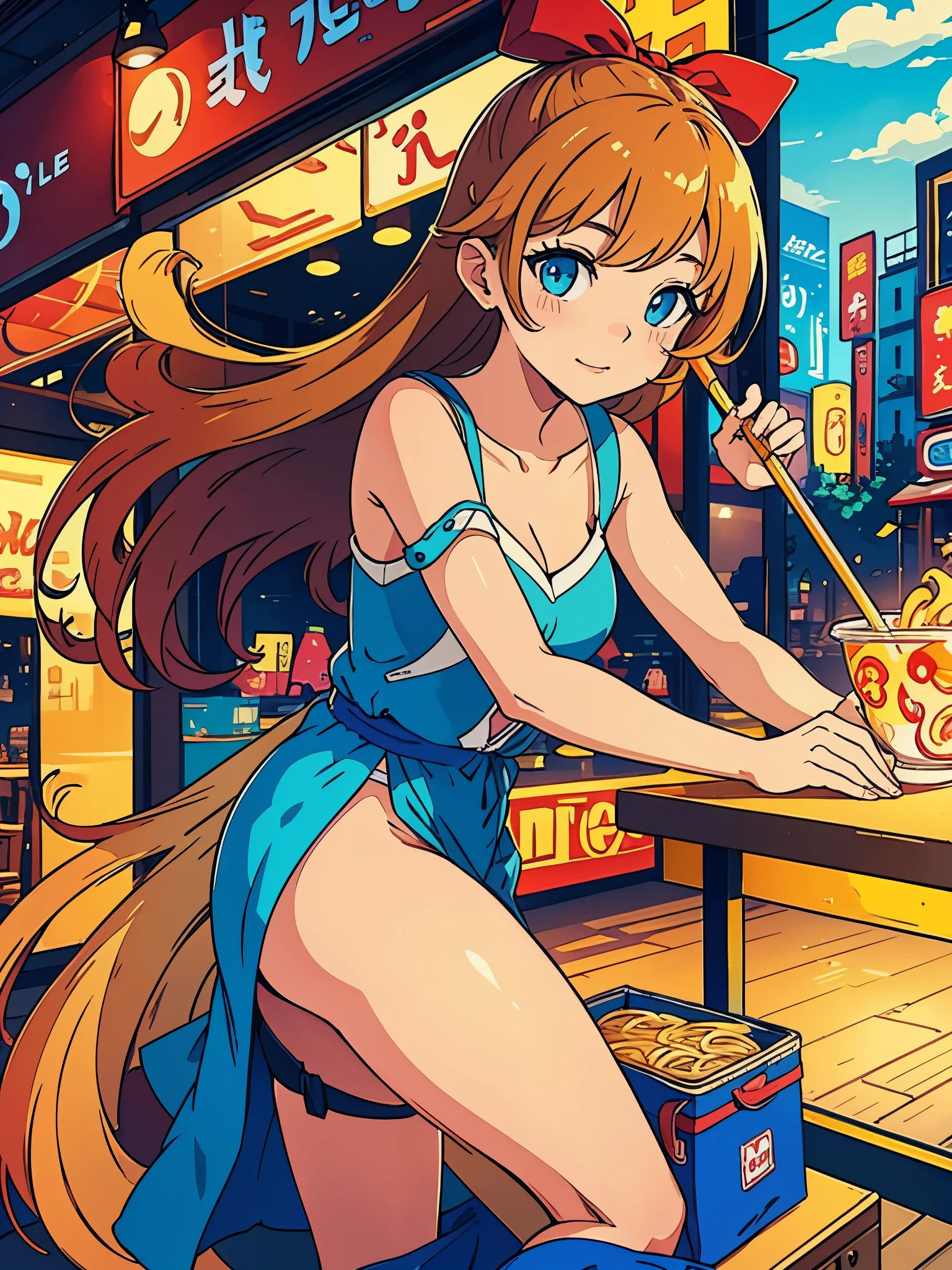 Udon noodles、beautiful girl、colorful、High definition、City Pop