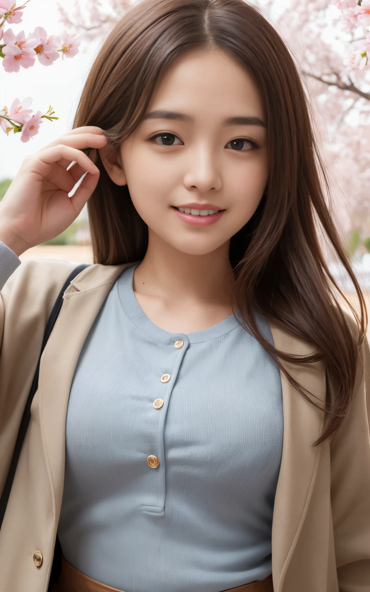 highest quality, figure, super detailed, finely, High resolution, 8k wallpaper, 完璧なダイナミックな構figure, beautiful skin, (Big eyes that shine like jewels), 20 year old beautiful girl, natural color lip, random sexy poses, Chest middle, smile, Highly detailed face and skin texture, Detailed eyes, Double eyelid,leaking teeth and laughing, close-up, from behind, Brown hair medium hair, (gray jacket), (shirt:1.2), cherry blossoms