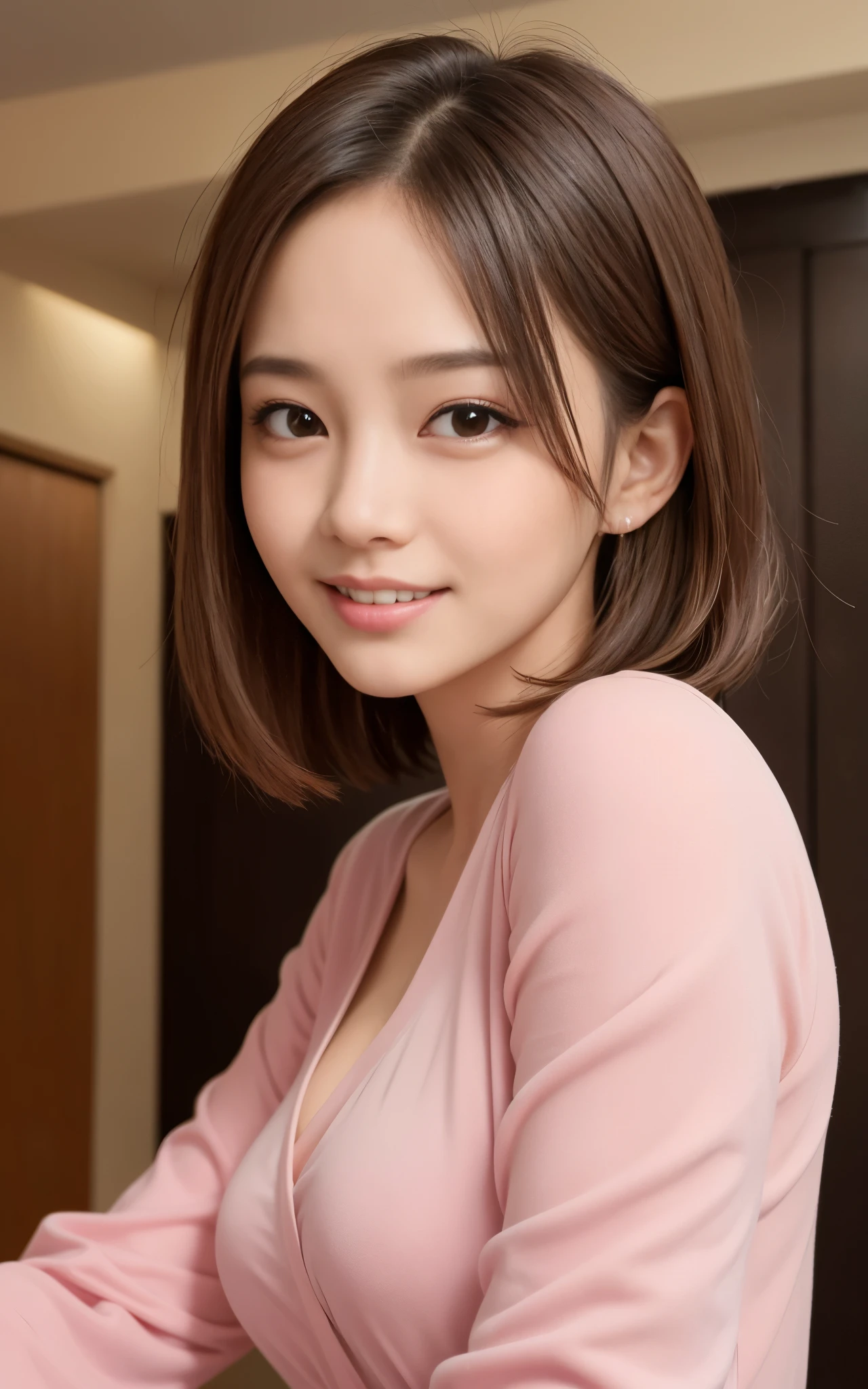 highest quality, figure, super detailed, finely, High resolution, 8k wallpaper, 完璧なダイナミックな構figure, beautiful skin, (Big eyes that shine like jewels), 20 year old beautiful girl, natural color lip, random sexy poses, Chest middle, smile, Highly detailed face and skin texture, Detailed eyes, Double eyelid,leaking teeth and laughing, close-up, from side, brown bob hair, (pink blouse:1.2), beautiful hotel lobby