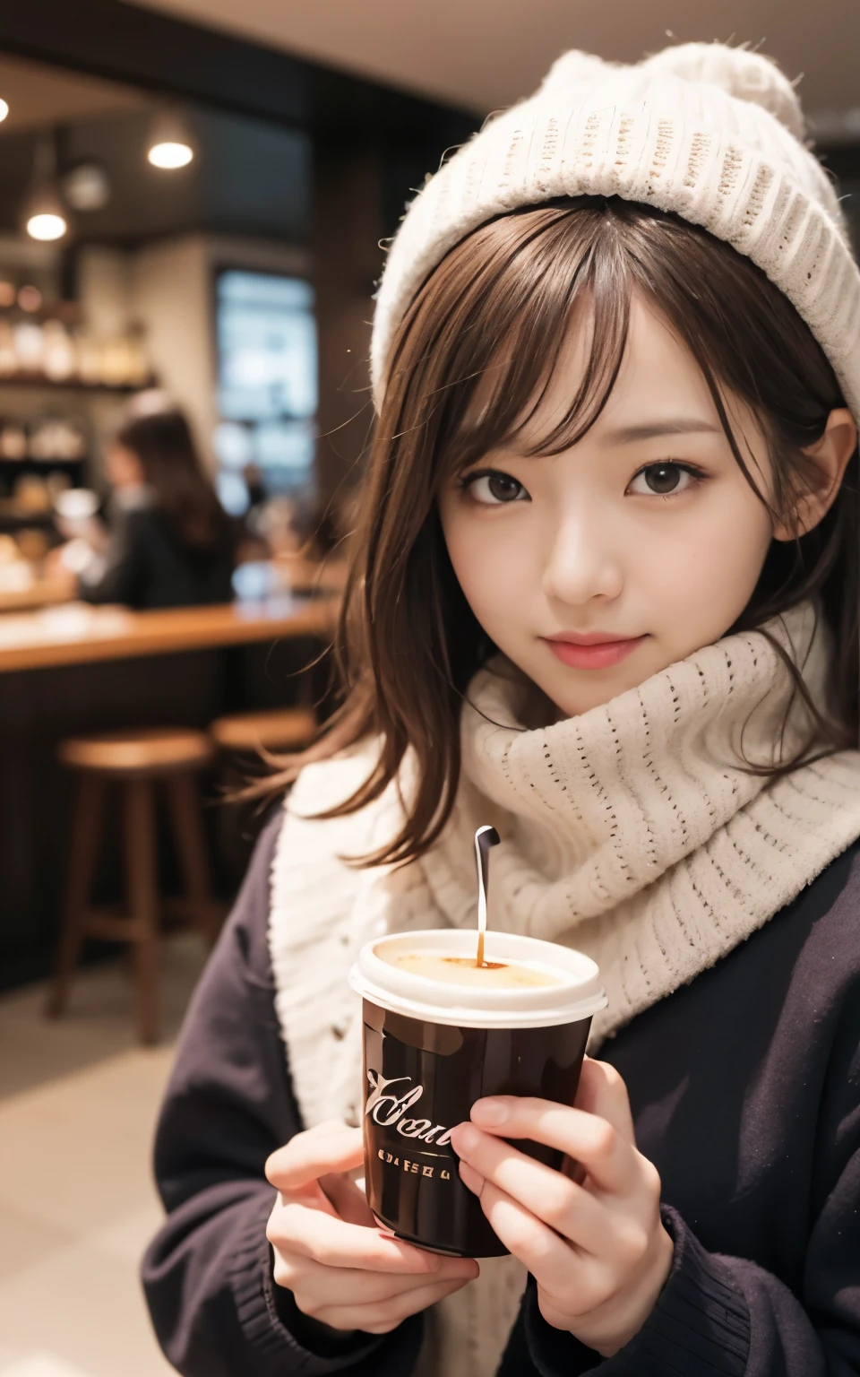 cute 21 year old japanese、Drink coffee in a café、Nice café、super detail face、pay attention to details、double eyelid、beautiful thin nose、sharp focus:1.2、Beautiful woman:1.4、(light brown hair,short hair、),pure white skin、highest quality、masterpiece、ultra high resolution、(Photoreal:1.4)、Highly detailed and professional lighting、nice smile、Show the whole body、Cute winter clothes、