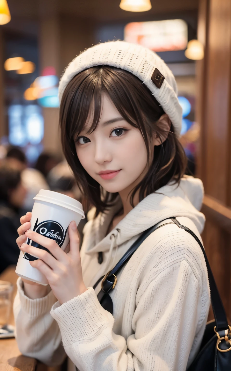 cute 21 year old japanese、Drink coffee in a café、Nice café、super detail face、pay attention to details、double eyelid、beautiful thin nose、sharp focus:1.2、Beautiful woman:1.4、(light brown hair,short hair、),pure white skin、highest quality、masterpiece、ultra high resolution、(Photoreal:1.4)、Highly detailed and professional lighting、nice smile、Show the whole body、Cute winter clothes、