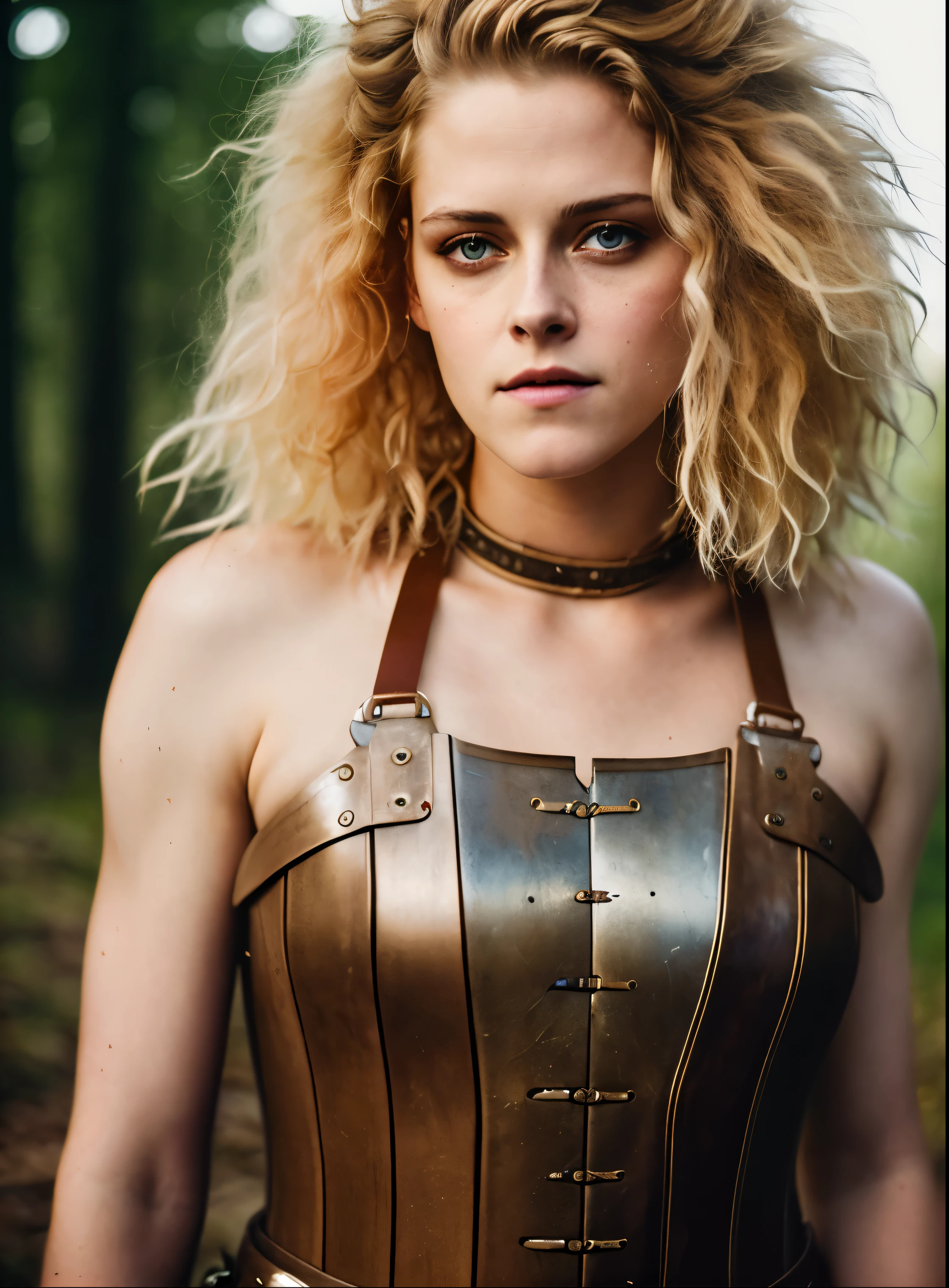 Looks like Kirsten Stewart, A stunning intricate full color portrait of (sks woman:1) as (viking warrior), (barbarian),  Barbarian warrior queen,  fluffy streax hair, styled hair, epic character composition, by ilya kuvshinov, alessio albi, nina masic, sharp focus, natural lighting, subsurface scattering, f2, 35mm, film grain, 