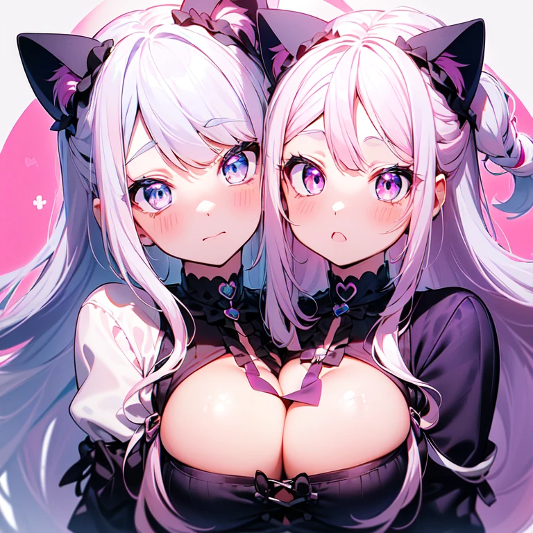 Masterpiece, best quality, emoji pack,emoji sheet, goth bangs, ((blue pink eyes)), blush,breasts, large breasts, looking at viewer, long hair, (pink,blue,purple,white hair:1.4), black choker, galaxy, goth, cat ears, upper body, virtual youtuber, sexy, cute, artist