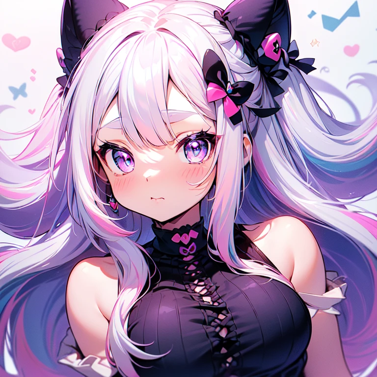 Masterpiece, best quality, emoji pack，emoji sheet,  goth bangs, ((blue pink eyes)), blush,breasts, large breasts, looking at viewer, long hair, (pink,blue,purple,white hair:1.4), black choker, galaxy, goth, cat ears,  upper body, virtual youtuber, sexy, cute, artist