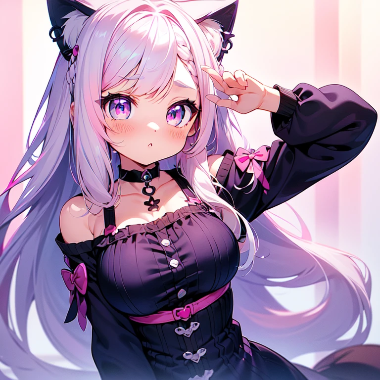 Silver hair, pink eyes, hot pink dress, cat ears, sexy girl, earrings, heart background fantasy, sexy