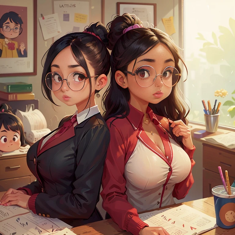 Mother and daughter, the mother is a woman in a formal office outfit wearing glasses, she is latin, with tan skin huge boobs, slim, tiny waist, and round ass, she has medium black hair, big eyes, and full lips. The daughter is wearing a cheerleader uniform, she is also latin with tan skin, medium boobs, slim and a bubble butt , she has long black hair in a ponytail, big eyes and full lips.