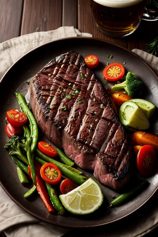 a small delicious (steak, lying in a plate), decorated with vegetables, there is a mug of beer next to it.lots of details,close-up, 8k, greg rutkowski style