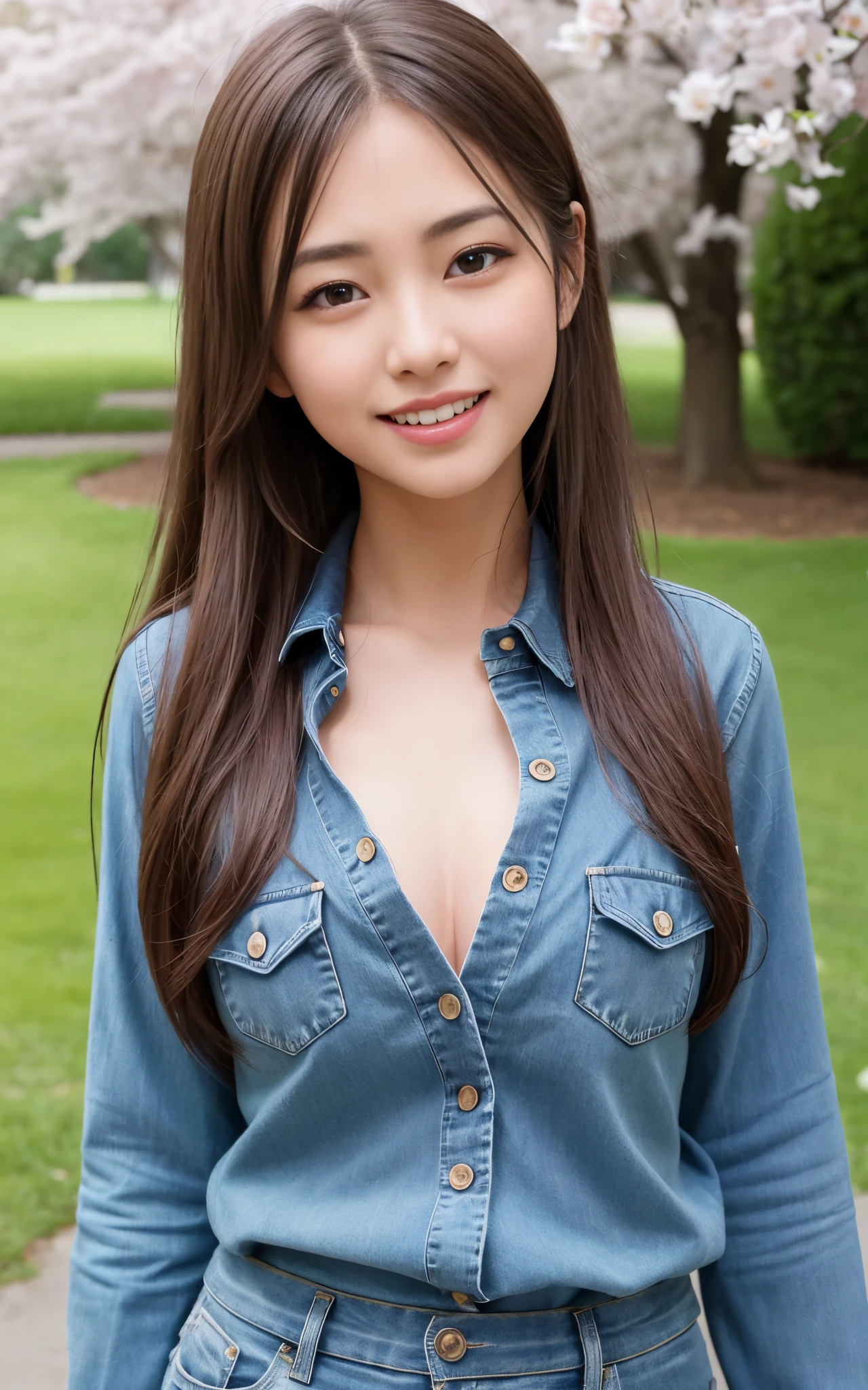 highest quality, figure, super detailed, finely, High resolution, 8k wallpaper, 完璧なダイナミックな構figure, beautiful skin, (Big eyes that shine like jewels), 20 year old beautiful girl, natural color lip, random sexy poses, Chest middle, smile, Highly detailed face and skin texture, Detailed eyes, Double eyelid,leaking teeth and laughing, close-up,   Brown hair long hair, (denim blouse:1.2), cherry blossoms