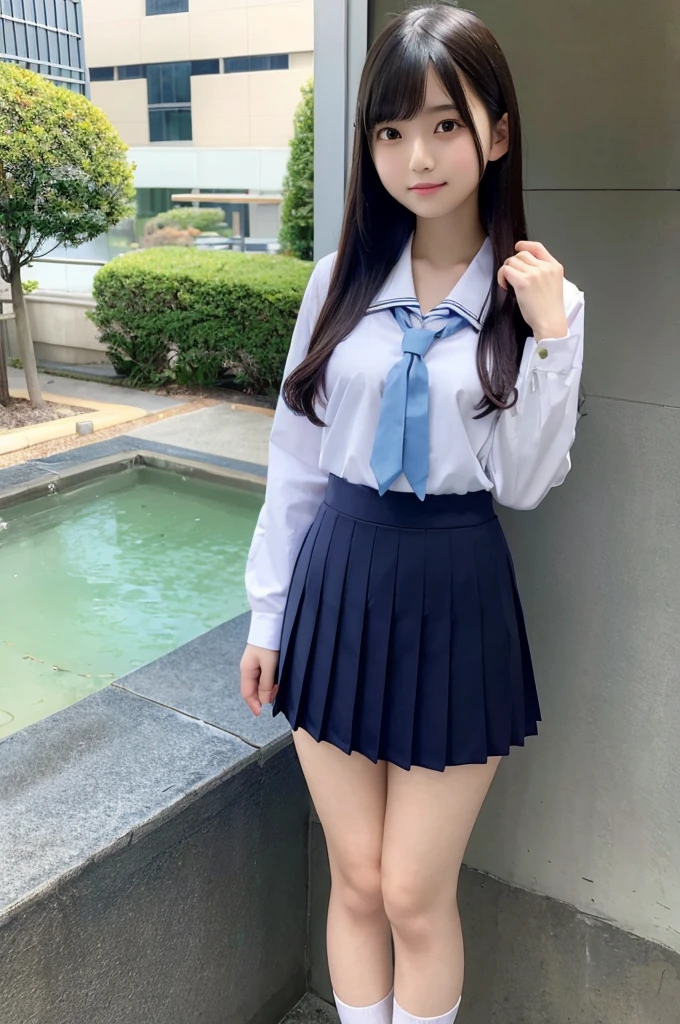 japanese girl, teenage girl, perfect figure, Transparency, modest chest, school uniform, navy blue tie, navy blue skirt, light blue shirt, idol sculpture, waterside