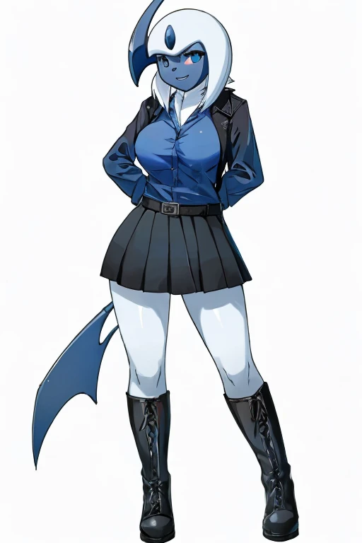 ((Absol)), anthropomorphic, big boobs, big ass, pokemorph, (((1girl))), (((dark blue shirt))), (black skirt), (white jacket), (black heeled boots), cute and sexy, slender, white skin, long legs, smiling