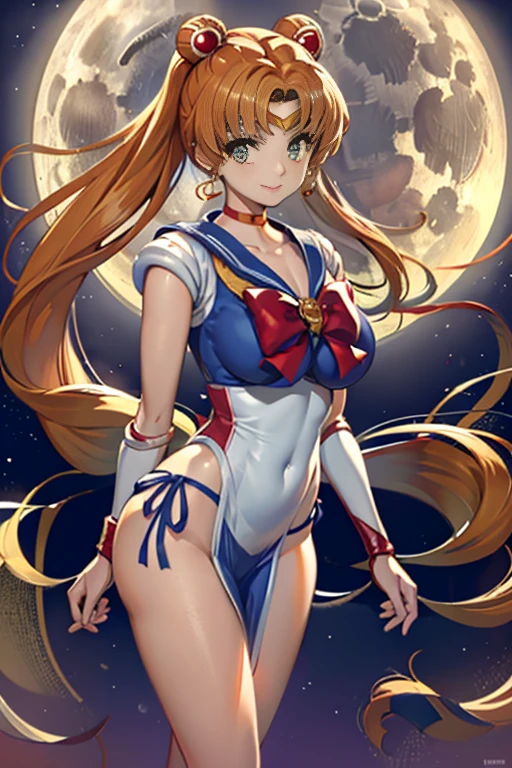 masterpiece, high resolution, best quality, beautiful art, 1 woman, Sailor Moon, solo, medium breasted, blue_japanese_clothes, beautiful and alluring legs, red boots, pelvic curtain, green eyes, posing cutely, under the full moon, smiling joyfully, looking at the viewer