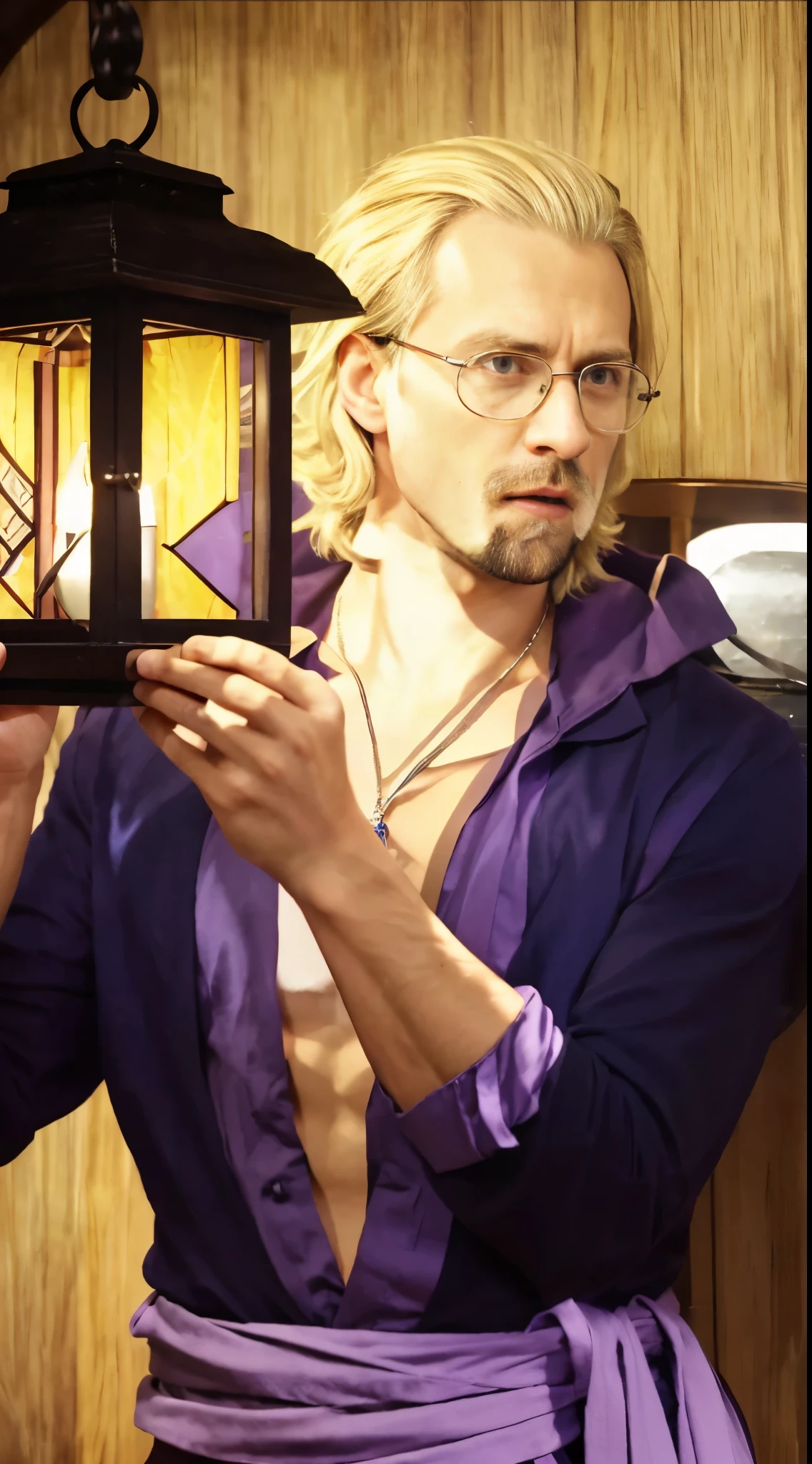 (masterpiece), (realistic), (ultra detailed), ( high reest quality), (photorealistic), (perfect face), (perfect anatomy), (((man))), (((male))), (((30 years old))), (((muscular))), (((solo))), Silvers Rayleigh from one piece, Silvers Rayleigh, short hair, (((hair style combed back))), yellow hair, black beard, wearing round glasses, wears a long dark purple shirt with the inside of the shirt being light purple, wearing dark blue pants, wearing a red and white bracelet on his left hand, wearing a purple cloth belt, The character's facial expression is shocked and his mouth is wide open, the character is holding a lantern