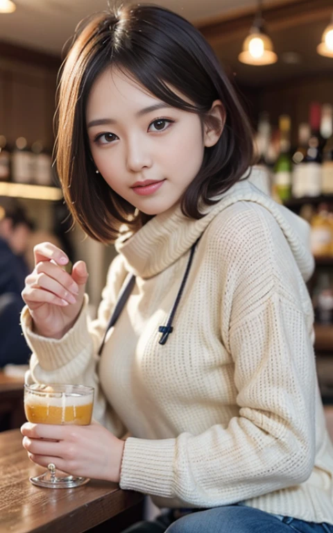 cute 21 year old japanese、drink beer at the bar、nice bar、super detail face、pay attention to details、double eyelid、beautiful thin nose、sharp focus:1.2、Beautiful woman:1.4、(light brown hair,short hair、),pure white skin、highest quality、masterpiece、ultra high resolution、(Photoreal:1.4)、Highly detailed and professional lighting、nice smile、Show the whole body、Cute winter clothes、