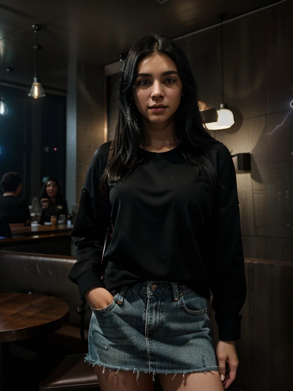 professional full body photo, (4k photo:1.1), (Sharp focus:1, Great lightning, high detail, black hair, ,,happy, confident, highly detailed, and dramatic, cinematic lighting, bright scene, soft lights,, hyperrealist, photorealistic, masterpiece, full body, in coffee shop, casual clothes facing the camera