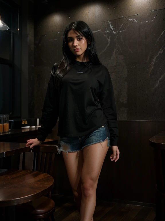 professional full body photo, (4k photo:1.1), (Sharp focus:1, Great lightning, high detail, black hair, ,,happy, confident, highly detailed, and dramatic, cinematic lighting, bright scene, soft lights,, hyperrealist, photorealistic, masterpiece, full body, in coffee shop, casual clothes facing the camera