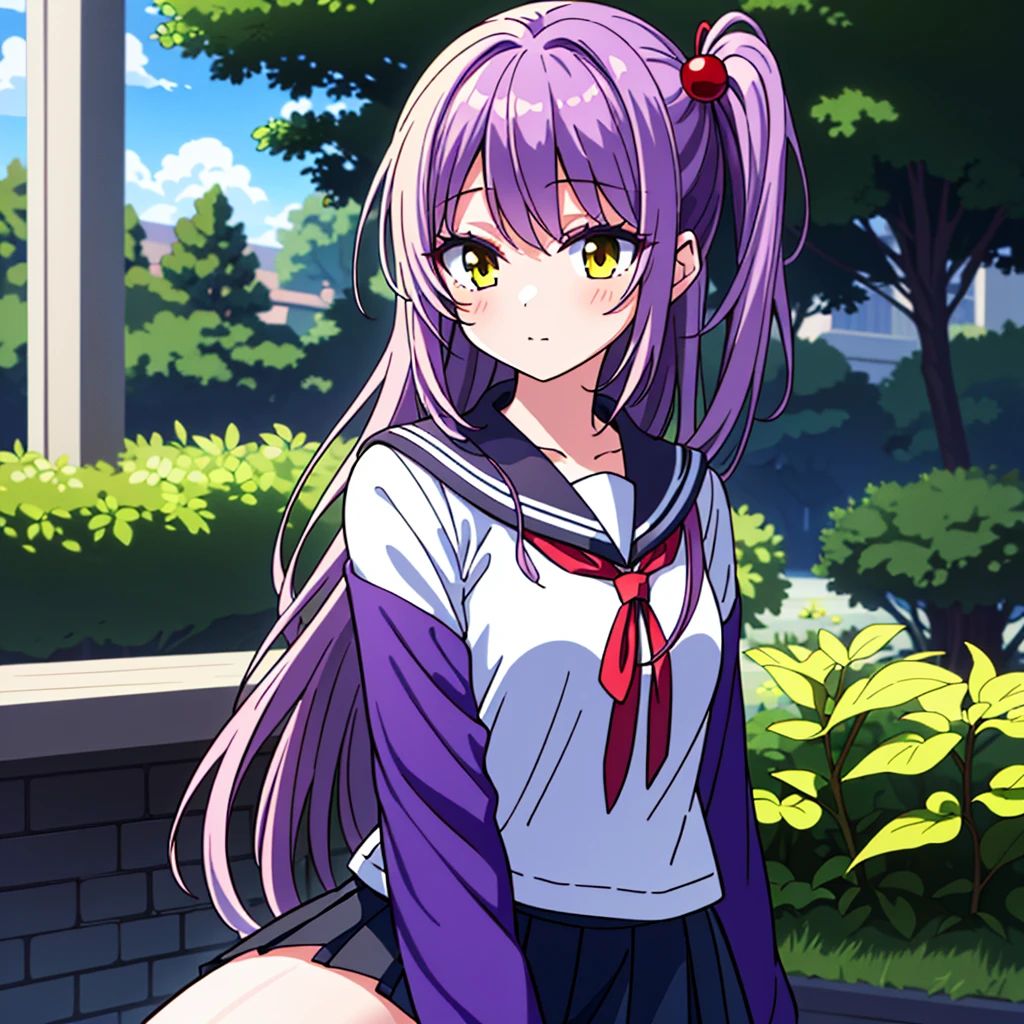 ((best quality)), ((masterpiece)), (detailed), perfect face, Gentle, a girl, beautiful girl, (淡紫色long hair), ((light_purple_hair)), long hair, Side ponytail, (yellow_eyes), Black sailor suit, pleated skirt, Cherry tree, campus