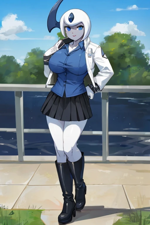 ((Absol)), anthropomorphic, big boobs, big ass, pokemorph, (((1girl))), (((dark blue shirt))), (black skirt), (white jacket), (black heeled boots), cute and sexy, slender, white skin, long legs, smiling