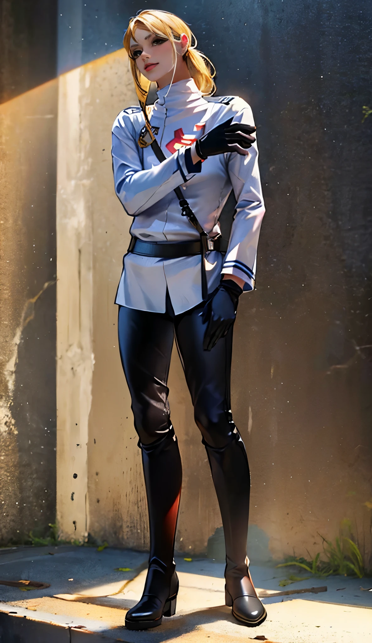 (highest resolution, distinct_image) best quality, a woman, solo, masterpiece, highly detailed, semi realistic, blonde hair, bangs, 18 years old, mature, young, tall strong, uniform, military uniform( large indoor background), cold, serious, tall, handsome, autocratic, powerful, exquisite facial features, exquisite facial features, (full body)(black knee-high boots:1.4)(dominatrix:0.3)(white Yoga pants:1.3),(gloves:1.5)(long sleeves),(active sportswear shirt),(princess Zelda),solo,1girl,(looking at viewer),(head turned upwards:0.3)(smiling:0.4)(bodysuit:0.3)(holding riding crop:1.2)(other hand empty)(muscular:0.9)(shirt tucket in pants)(pretty face)(indoor)(marble)(palace),luxury,bedroom,(black belt),godlike,goddess,queen,
