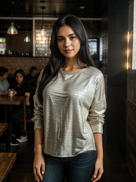 professional full body photo, (4k photo:1.1), (Sharp focus:1, Great lightning, high detail, black hair, ,,happy, confident, highly detailed, and dramatic, cinematic lighting, bright scene, soft lights,, hyperrealist, photorealistic, masterpiece, full body, in coffee shop, casual clothes facing the camera