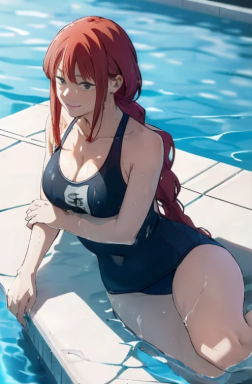 (Best quality:1.3), makima , red long hair, hair between eyes, braided ponytail, large round breasts, cleavage, one-piece swimsuit, (soaking wet:1.3), smiling, swimming pool, (pov)