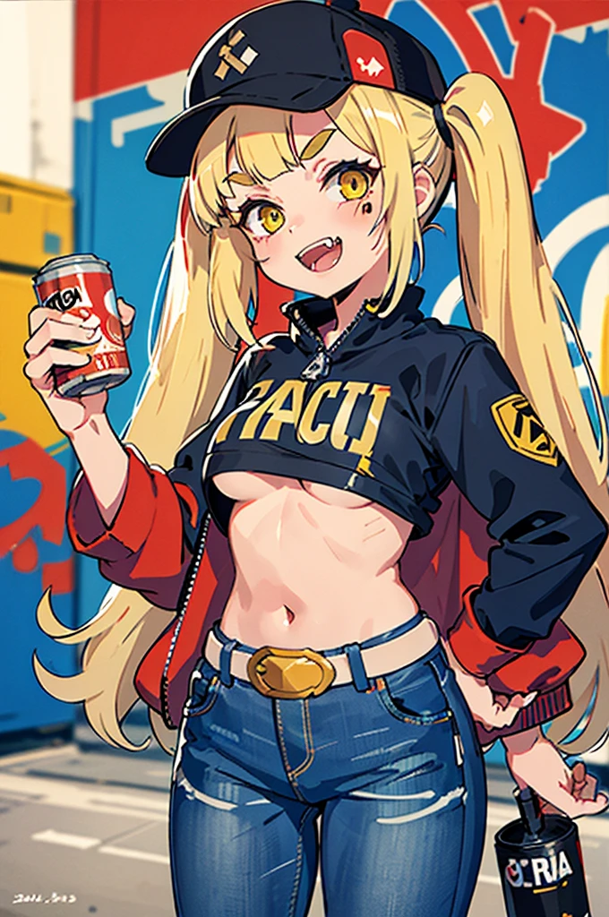 original character, volume lighting, best shadows, shallow depth of field, Portrait of an amazingly beautiful girl, small, Delicate Beautiful Attractive Face With Alluring Yellow Eyes, Messy Painted Face, sharp eyebrows, A big smile, open your mouth, Fangs Out, nice medium chest, Layered Long Twintail Blond Hair, blush eyeshadow, thick eyelashes, Applejack Hat, Oversized Pop Jacket, Mini Underboob Tee, open the navel, slim waist, Denim Jeans Pants, with buckle belt, In The Graffiti Alley, Waste container, Outdoor staircase, Outdoor Unit, Holding Spray Paint Can, Are standing, (highest quality, amazing details:1.25), (alone:1.3), vivid colorful paintings