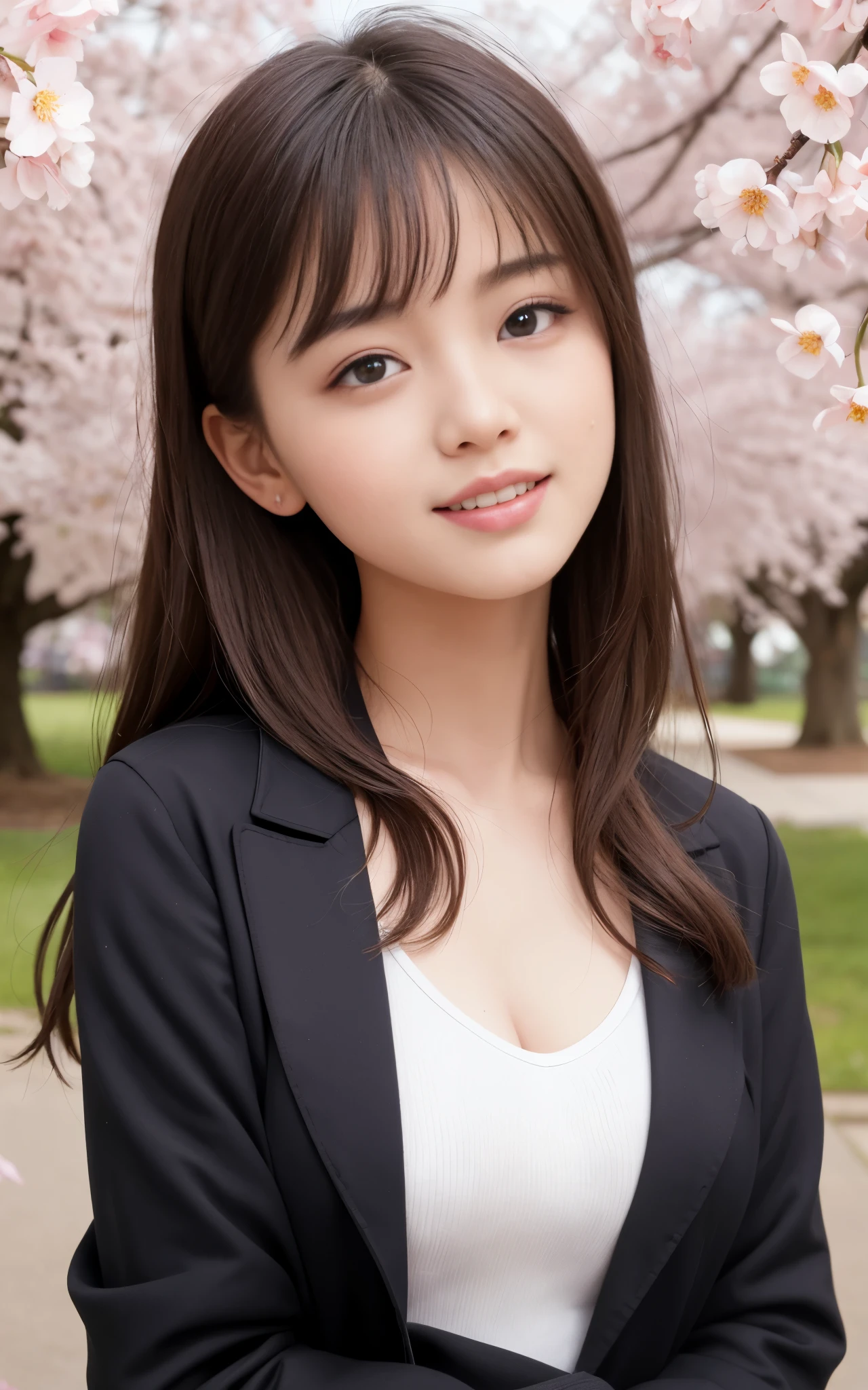 highest quality, figure, super detailed, finely, High resolution, 8k wallpaper, 完璧なダイナミックな構figure, beautiful skin, (Big eyes that shine like jewels), 20 year old beautiful girl, natural color lip, random sexy poses, Chest middle, smile, Highly detailed face and skin texture, Detailed eyes, Double eyelid,leaking teeth and laughing, close-up, from side, Brown hair long hair, (black jacket), (shirt:1.2), cherry blossoms