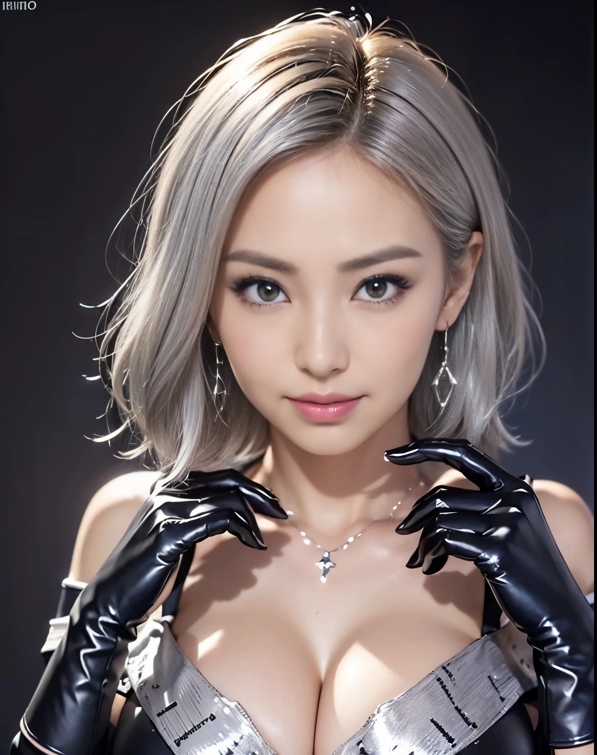 (Just the right kind of 18-year-old Japanese kuro Gyaru for friendship), (breast cleavage:1.5), (off-shoulder:1.5), (black theme:1.4), (black rubber long glove:1.4), (earrings with blue diamond:1.2), RAW photo, photorealistic:1.6, Quality:1.5, 8k, Masterpiece:1.3, ultra highres:1.0, Crisp Focus:1.2, (Big breasts:1.4), Beautiful Woman with Perfect Figure, Highly Detailed Face and Skin Texture, Detailed Eyes, Double Eyelids, (kuro-gyaru makeup:1.2), perfect face balance, (smile:1.1), ((silver short hair:1.3)), beautiful studio soft light, rim light, vibrant details, hyper realistic, octane render, detailed beautiful skin, realistic skin, (look at the viewer), (simple black background)