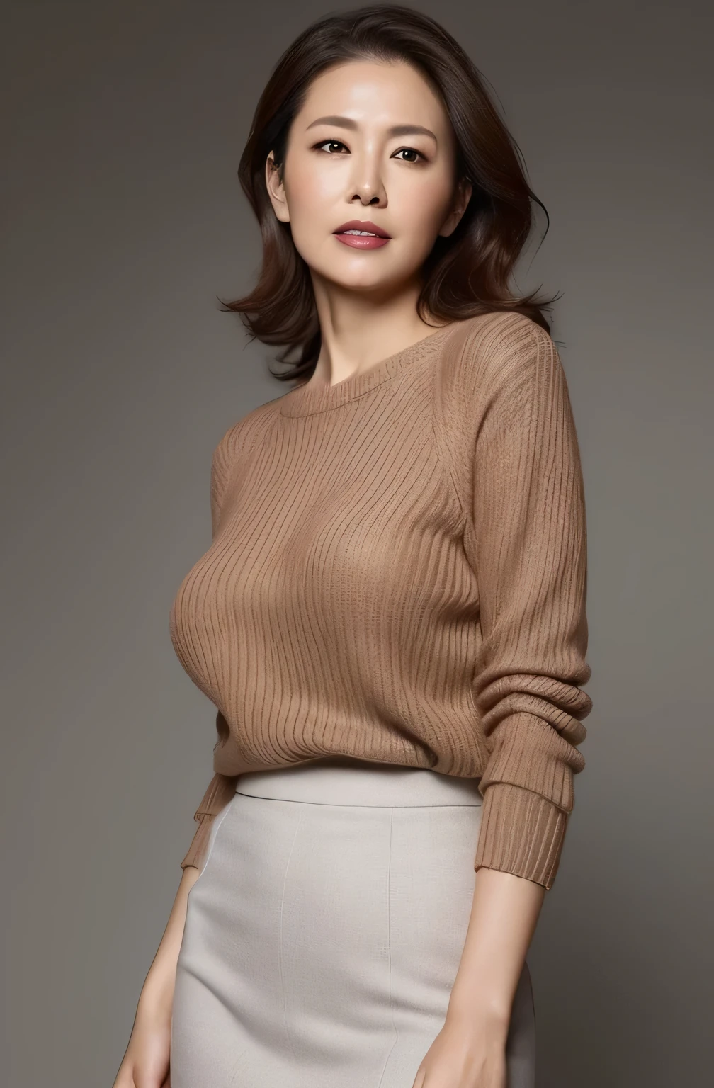 (highest quality,8K,masterpiece),
rough skin, anatomically correct, sharp, gray background((japanese mature, 50 years old)), alone, ((facial wrinkles)),
Good shape golden style big breasts, Straight light brown hair that reaches to the shoulders, Chubby body type (((stand upright, facing the center of the screen.))), Close your mouth and look straight ahead with a serious face, sweater, skirt, ((cowboy shot)),
expression of ecstasy,lip gloss,