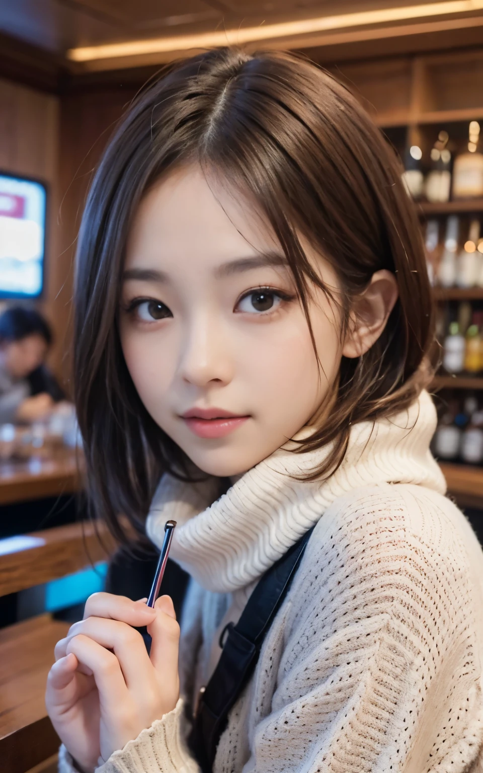 cute 21 year old japanese、drink beer at the bar、nice bar、super detail face、pay attention to details、double eyelid、beautiful thin nose、sharp focus:1.2、Beautiful woman:1.4、(light brown hair,short hair、),pure white skin、highest quality、masterpiece、ultra high resolution、(Photoreal:1.4)、Highly detailed and professional lighting、nice smile、Show the whole body、Cute winter clothes、