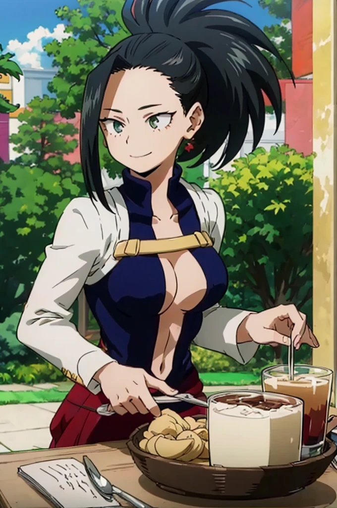 (((masterpiece))), Yaoyorzu Momo, 1 girl, alone, Onyx eyes, smile, big breasts, black hair, clavicle, ponytail, long sleeve, pulled my hair back, 