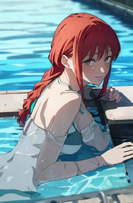 (Best quality:1.3), makima , red long hair, hair between eyes, braided ponytail, large round breasts, cleavage, one-piece swimsuit, (soaking wet:1.3), smiling, swimming pool, (pov)